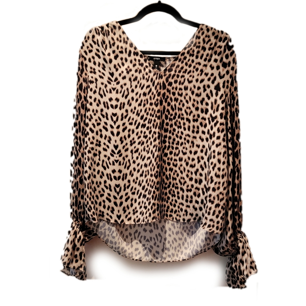 AU Aqua for Bloomingdale's Cheetah Animal-Print Silky Long Sleeve Blouse - Sz Lg